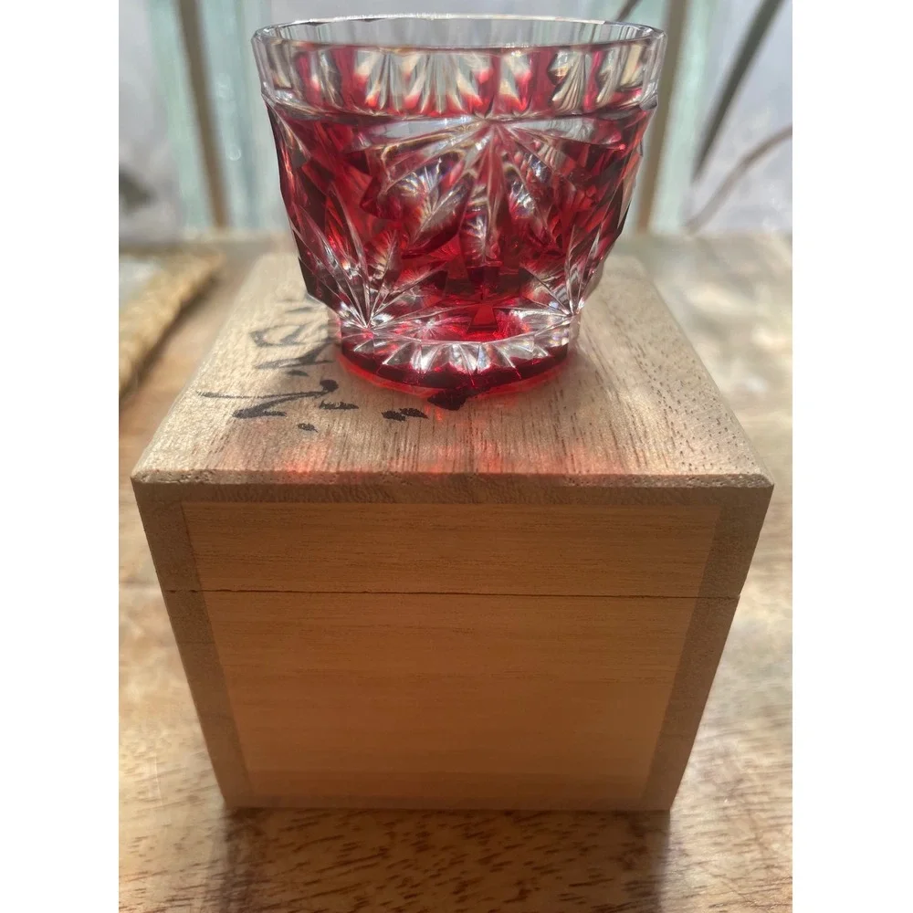 Vtg Wako Ginza Tokyo Edo Kiriko Ruby Red Cut Glass Sake Cup Guinomi Signed Boxed